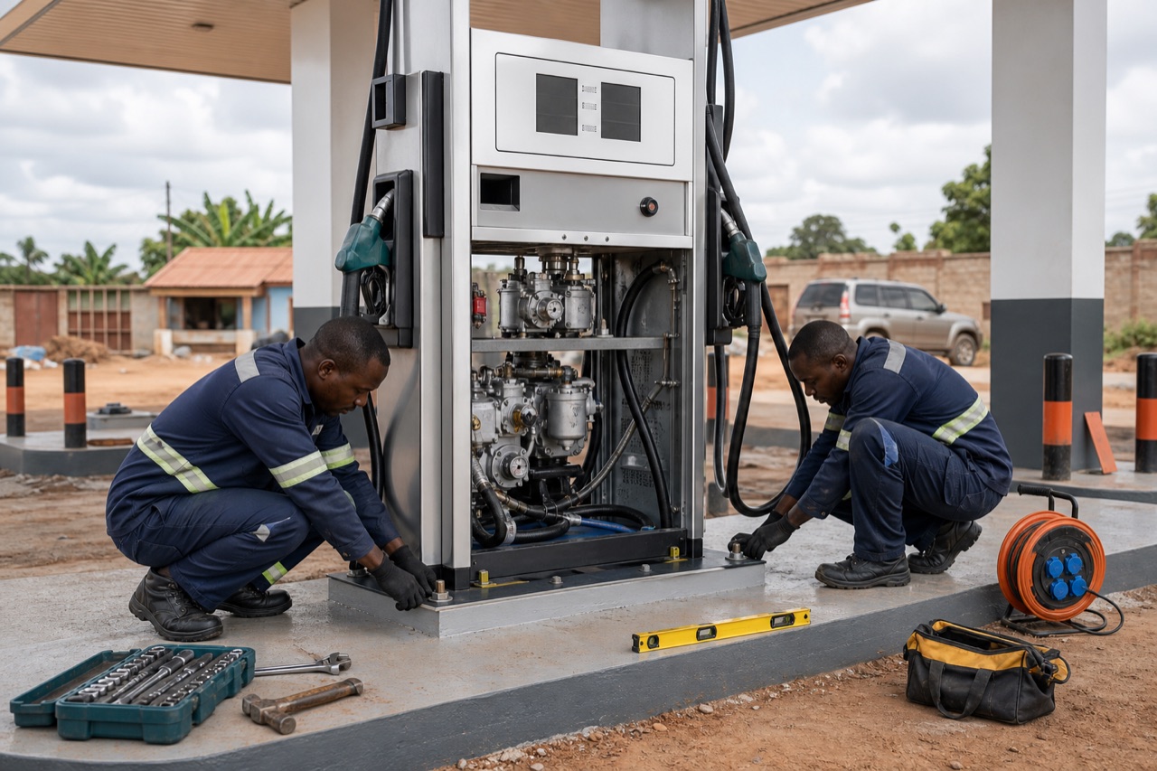 Two fuel-system technicians installing and aligning an unbranded fuel dispenser
