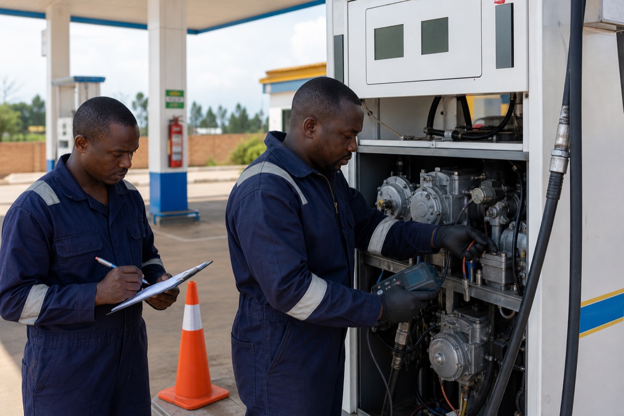 Technicians servicing the internal mechanical components of a fuel dispenser