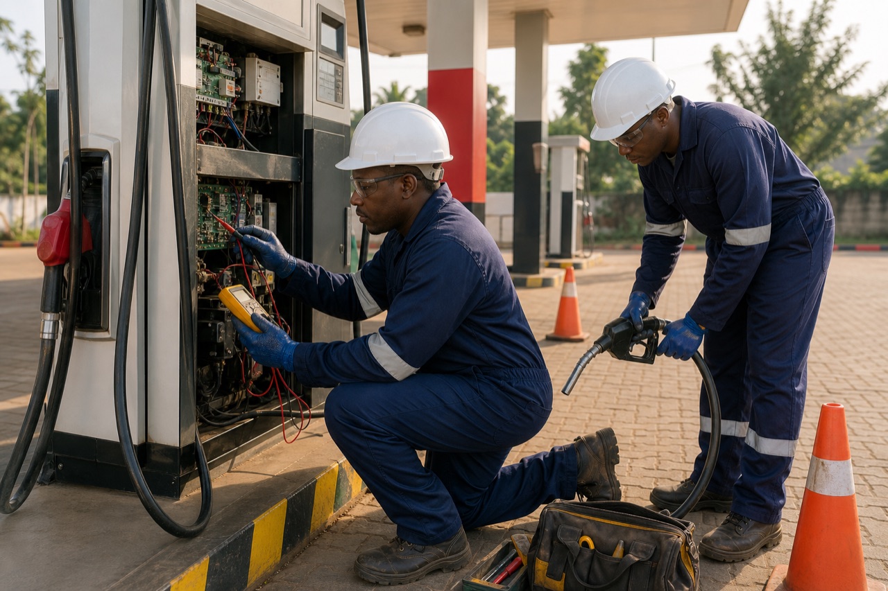 Technicians using diagnostic equipment on an isolated fuel dispenser