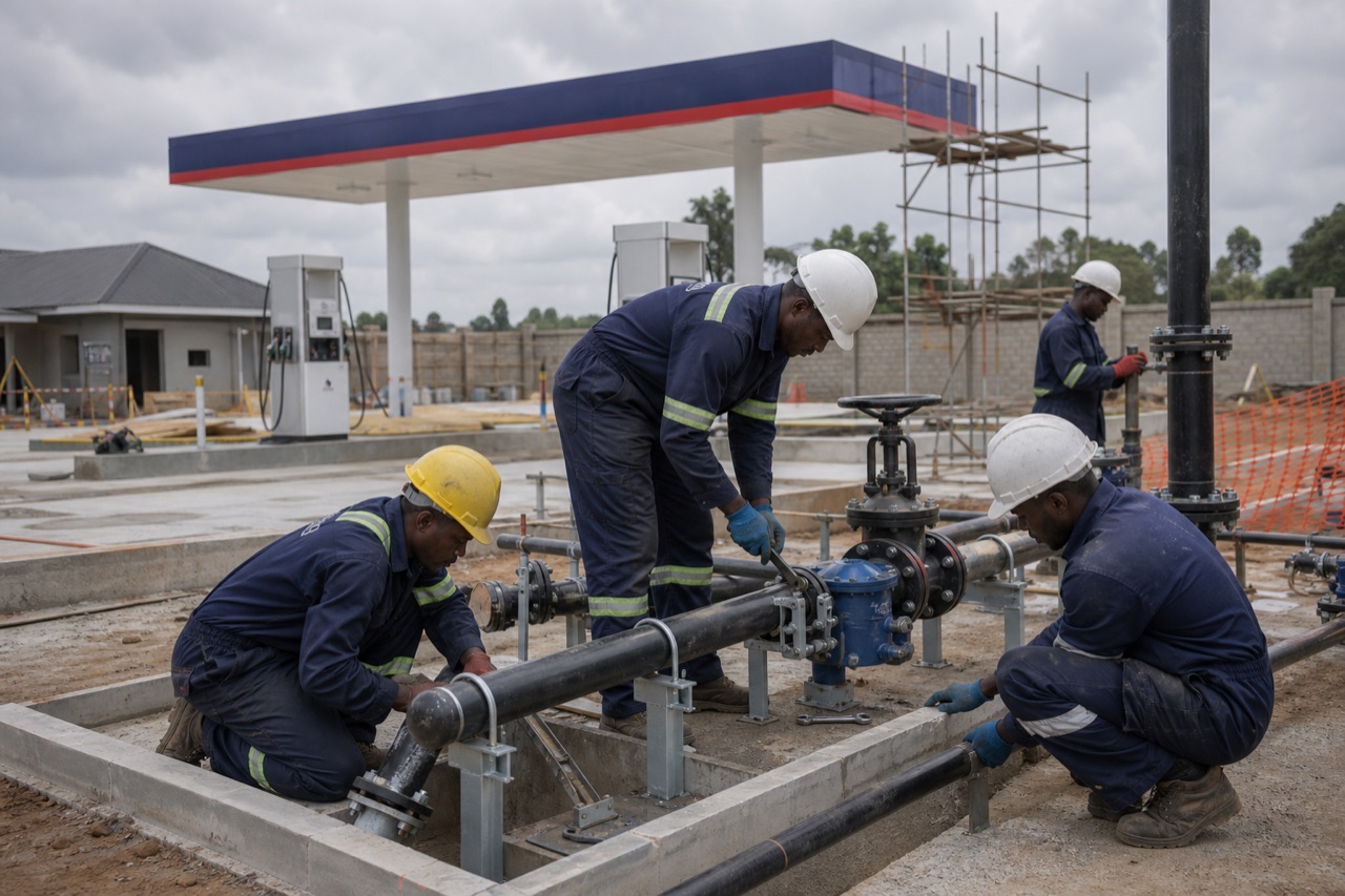 Fuel-system technicians installing supported pipework and valves