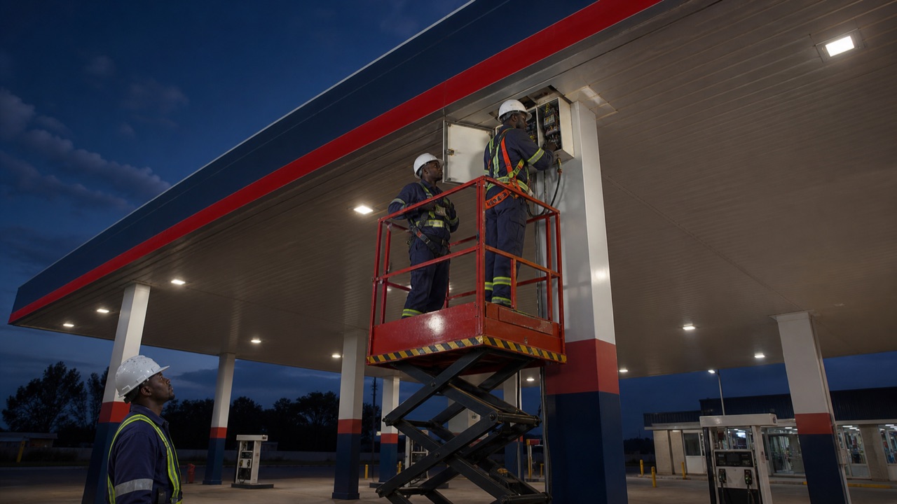 Electrical technicians working from a mobile platform beneath a petrol-station canopy