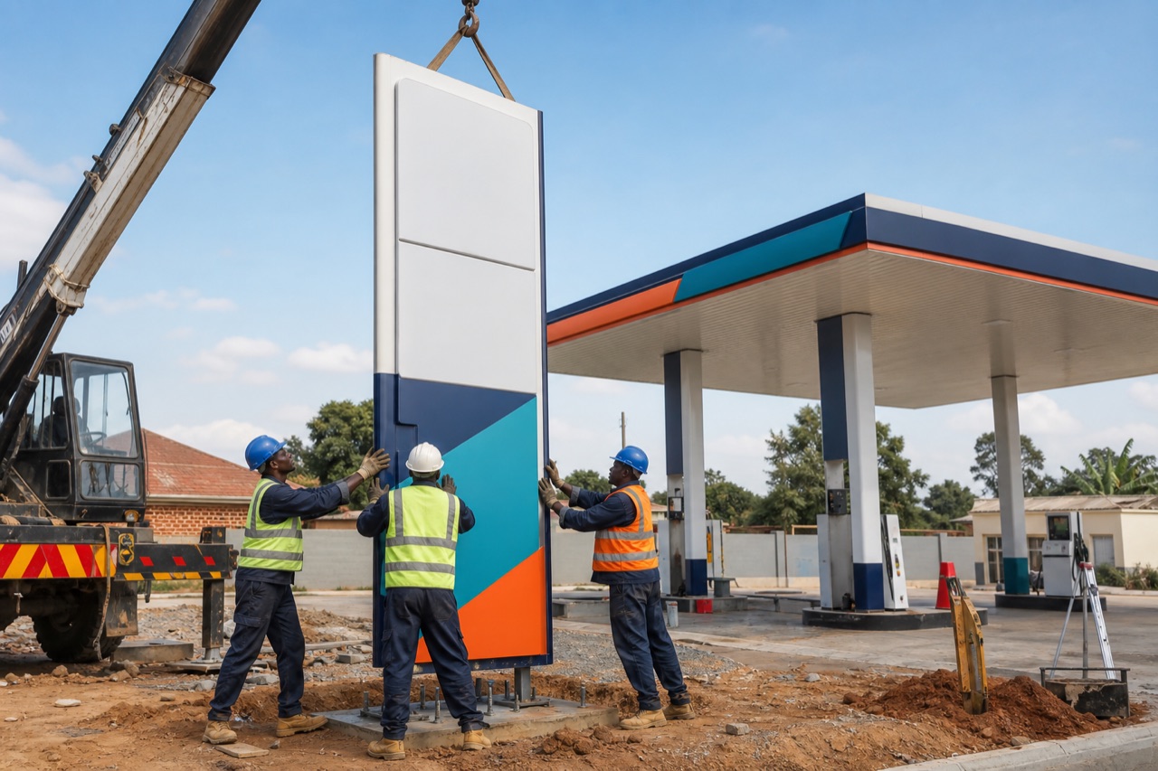 Installation team positioning an unbranded petrol-station pylon