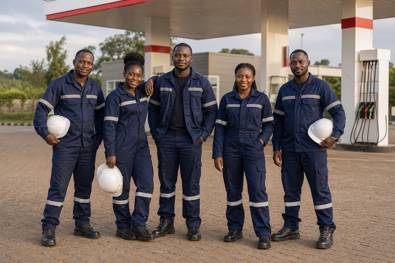 A diverse fuel-services team standing on an unbranded petrol-station forecourt
