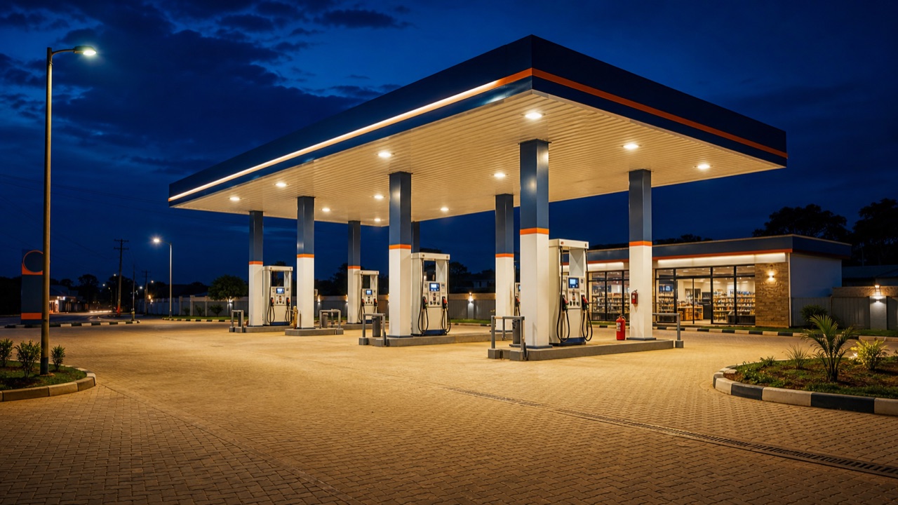 Illuminated modern unbranded petrol station at night